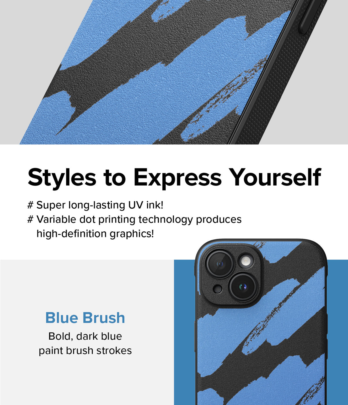 iPhone 15 Case | Onyx Design - iPhone 15 case featuring a bold, textured black and blue abstract paint brush stroke design.
