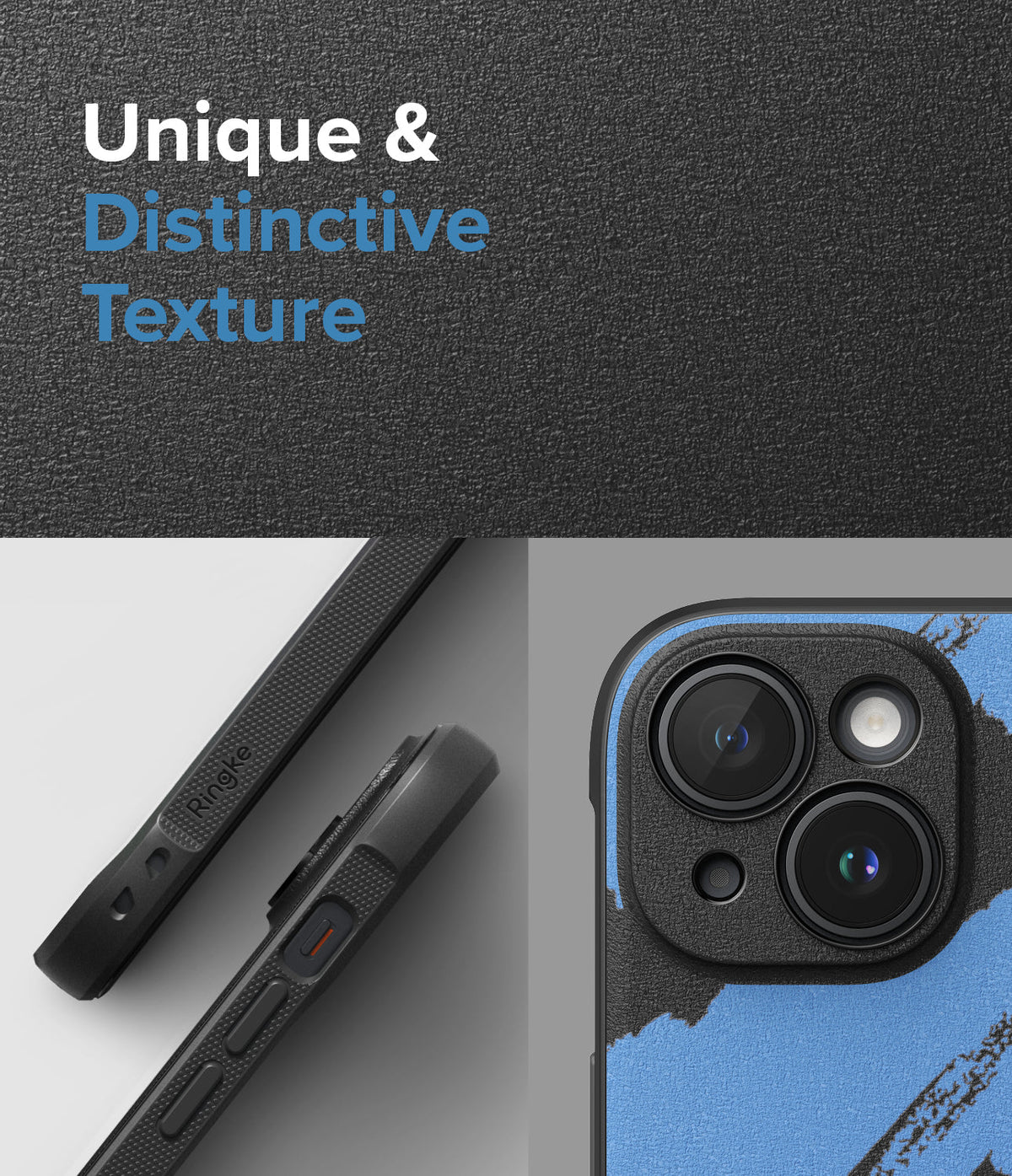 iPhone 15 Case | Onyx Design - Textured black background with blue and black abstract phone case details and Ringke branding.
