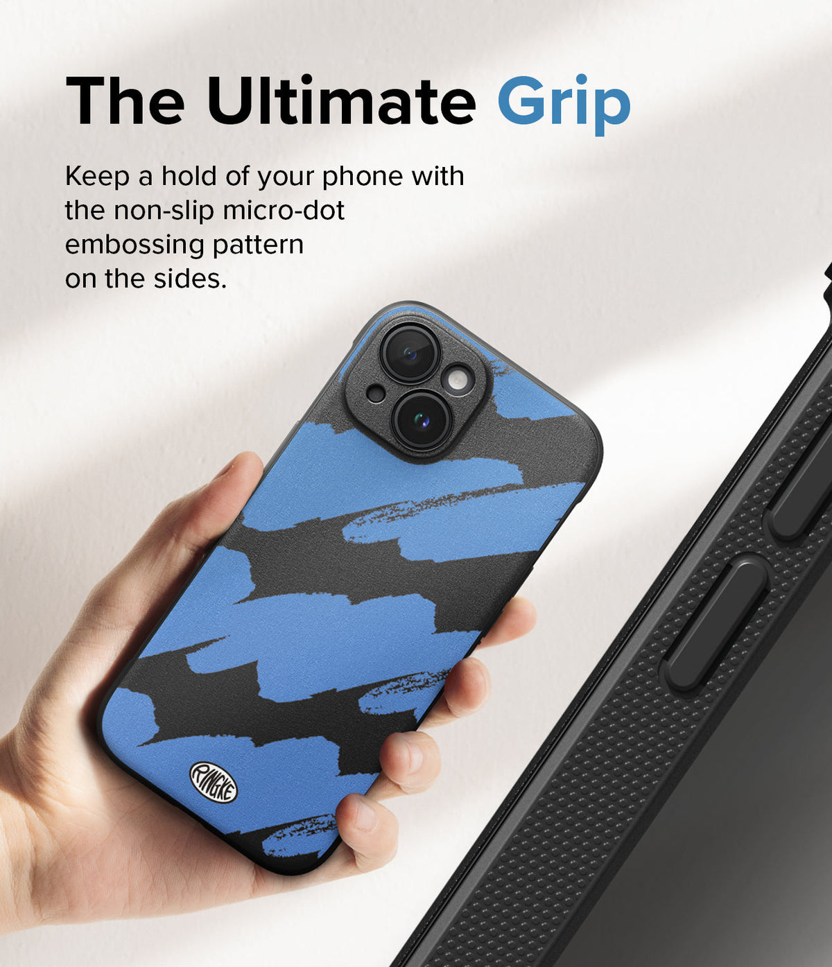 iPhone 15 Case | Onyx Design - Hand holding a blue and black brushstroke patterned phone case with non-slip micro-dot side grip.