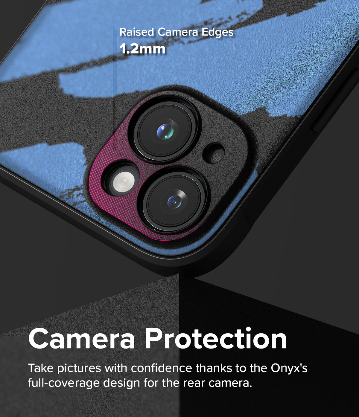 iPhone 15 Case | Onyx Design - Close-up of phone case showing 1.2mm raised camera edges and blue abstract brushstroke pattern.