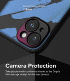 iPhone 15 Case | Onyx Design - Close-up of phone case showing 1.2mm raised camera edges and blue abstract brushstroke pattern.