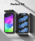 iPhone 15 Case | Onyx Design - iPhone 15 with a blue and black brushstroke case, shown from multiple angles on a gray background.