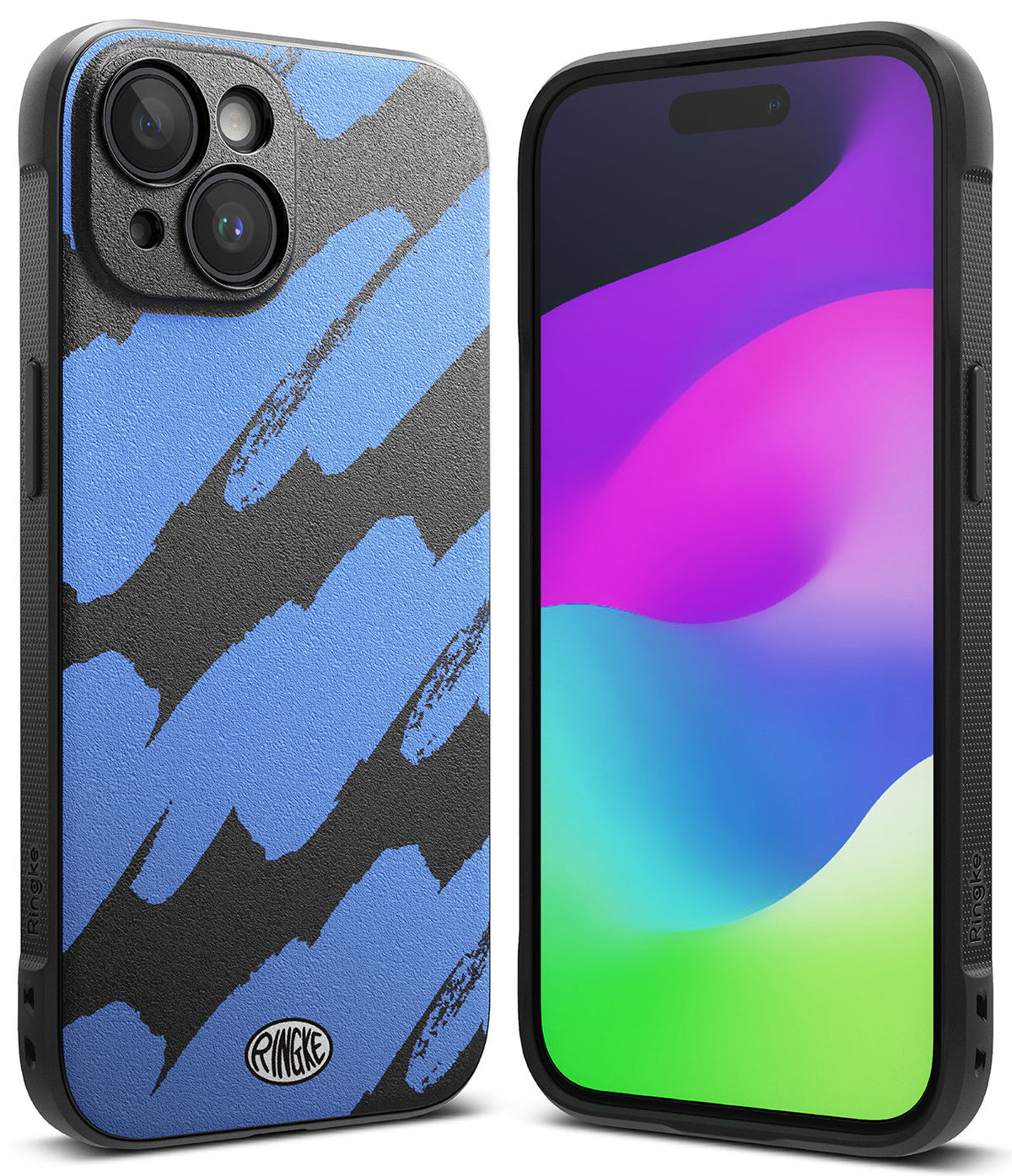 iPhone 15 Case | Onyx Design - Black phone case with blue brushstroke pattern and a vibrant abstract screen display.