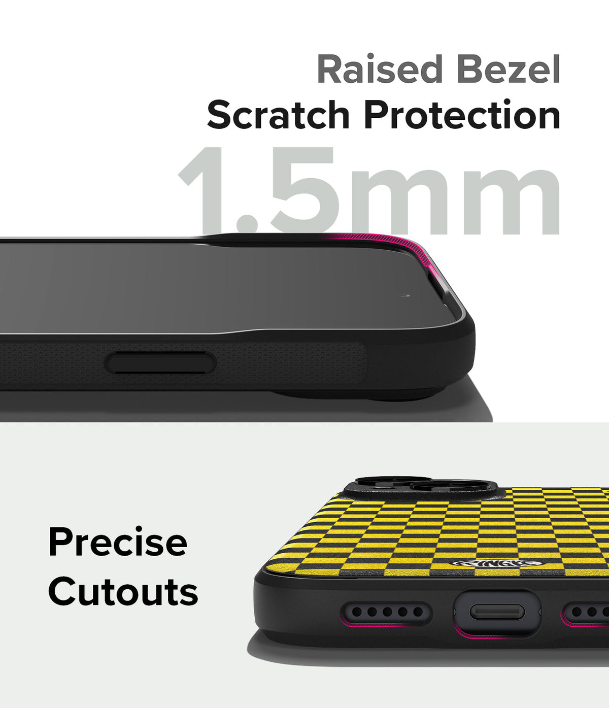 iPhone 15 Case | Onyx Design - Close-up of phone case showing 1.5mm raised bezel protection and precise port cutouts.