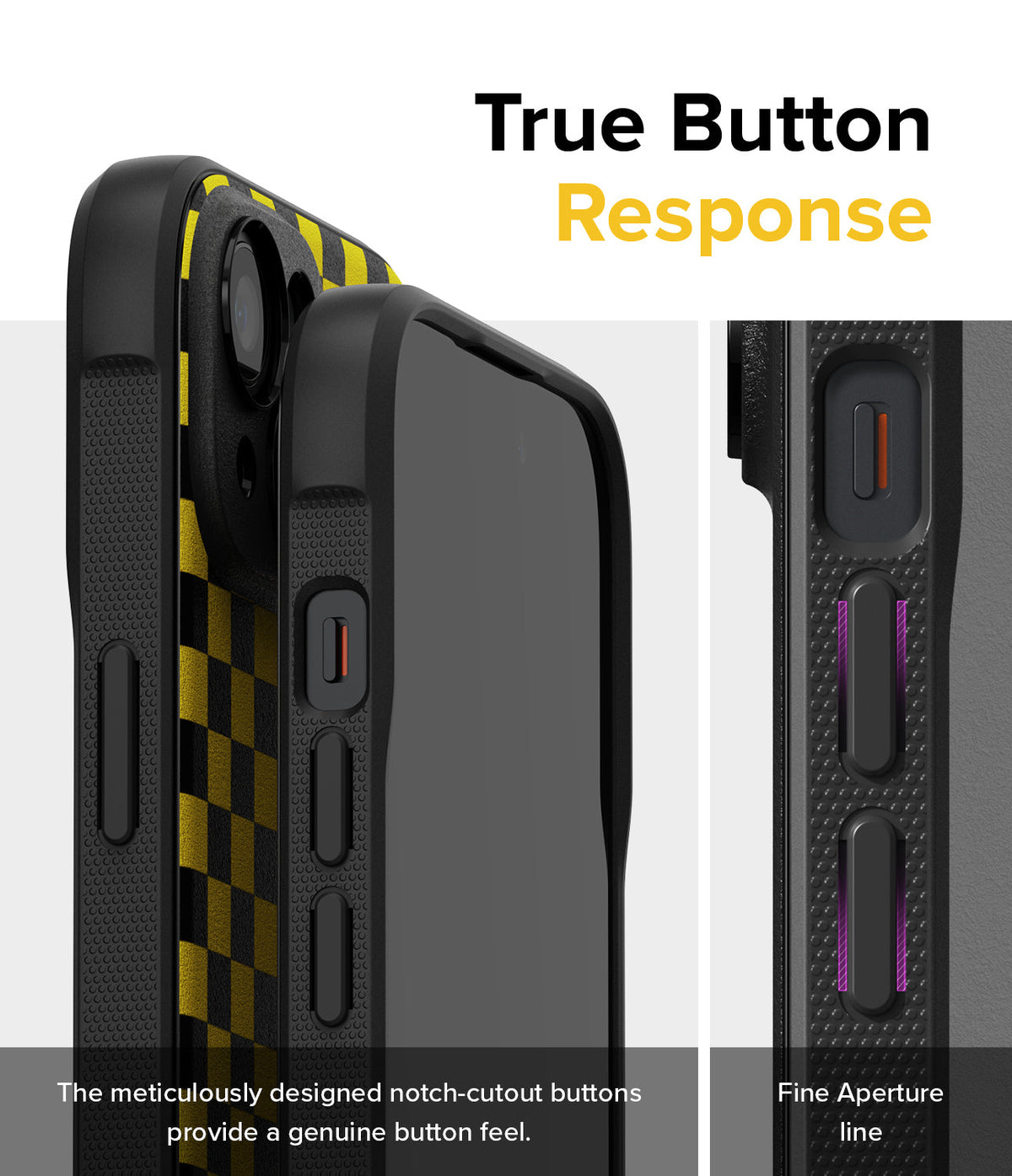 iPhone 15 Case | Onyx Design - Close-up of black phone case buttons with notch-cutouts for tactile response and fine aperture.