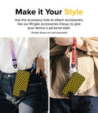 iPhone 15 Case | Onyx Design - Two people wearing checkered phone cases on colorful lanyards attached to the case's accessory hole.