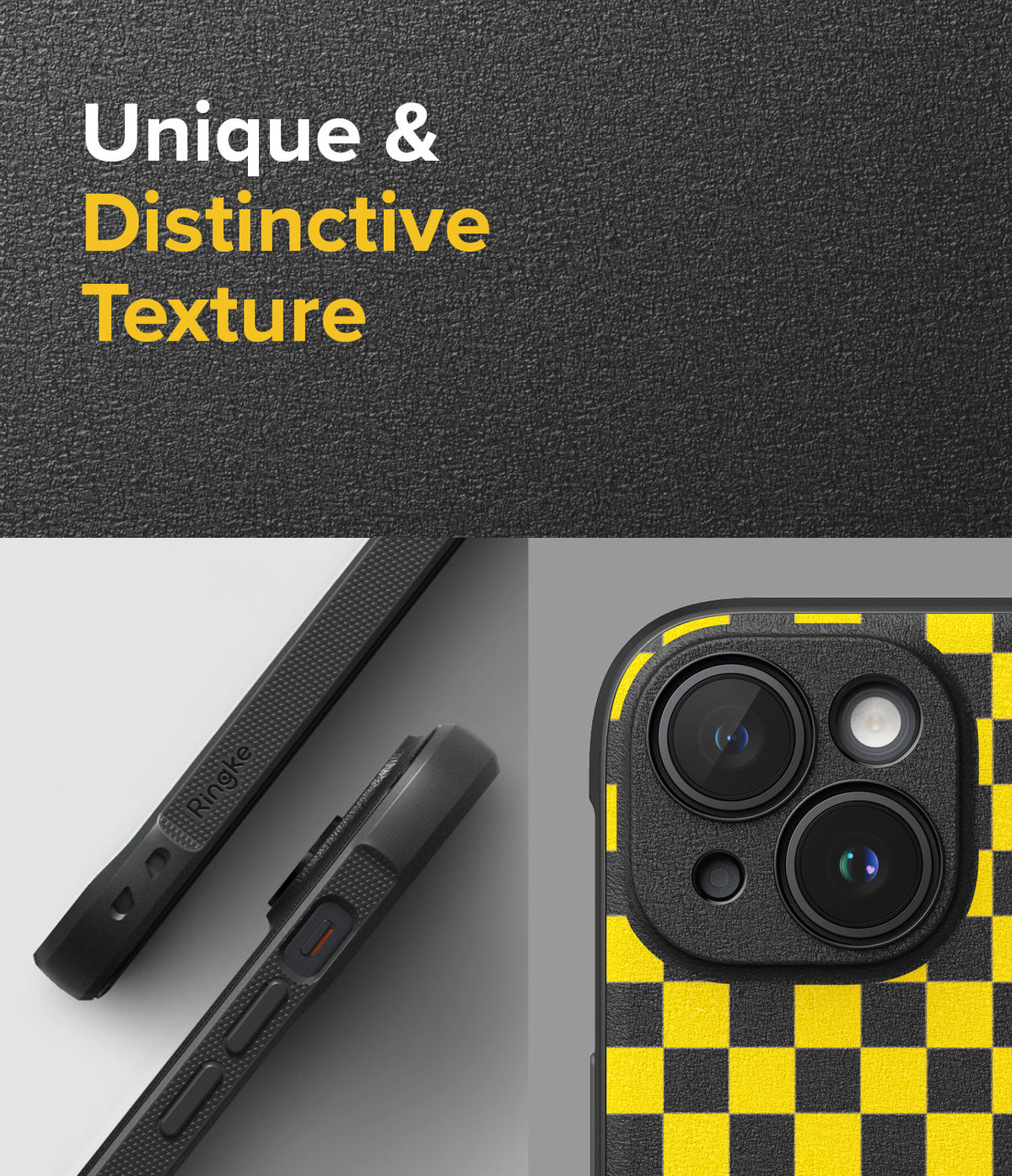 iPhone 15 Case | Onyx Design - Black and yellow checkered textured phone case with side button details and branding.