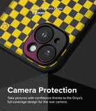 iPhone 15 Case | Onyx Design - Yellow and black checkered phone case highlighting 1.2mm raised camera protection edges.