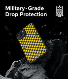 iPhone 15 Case | Onyx Design - Yellow and black checkered phone case on a rock with debris and military-grade protection text.
