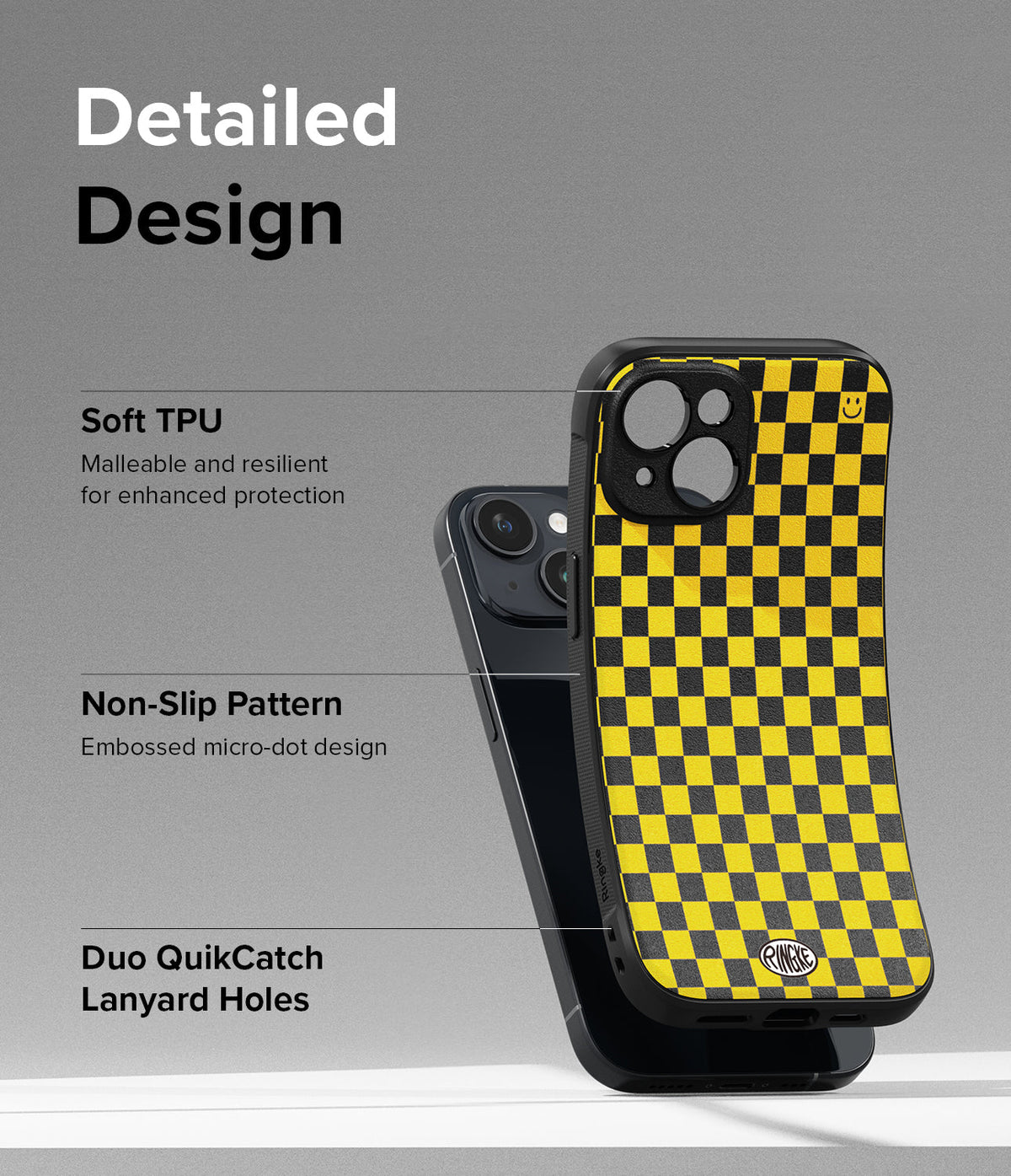 iPhone 15 Case | Onyx Design - Yellow and black checkered phone case with labels highlighting TPU, grip, and lanyard holes.