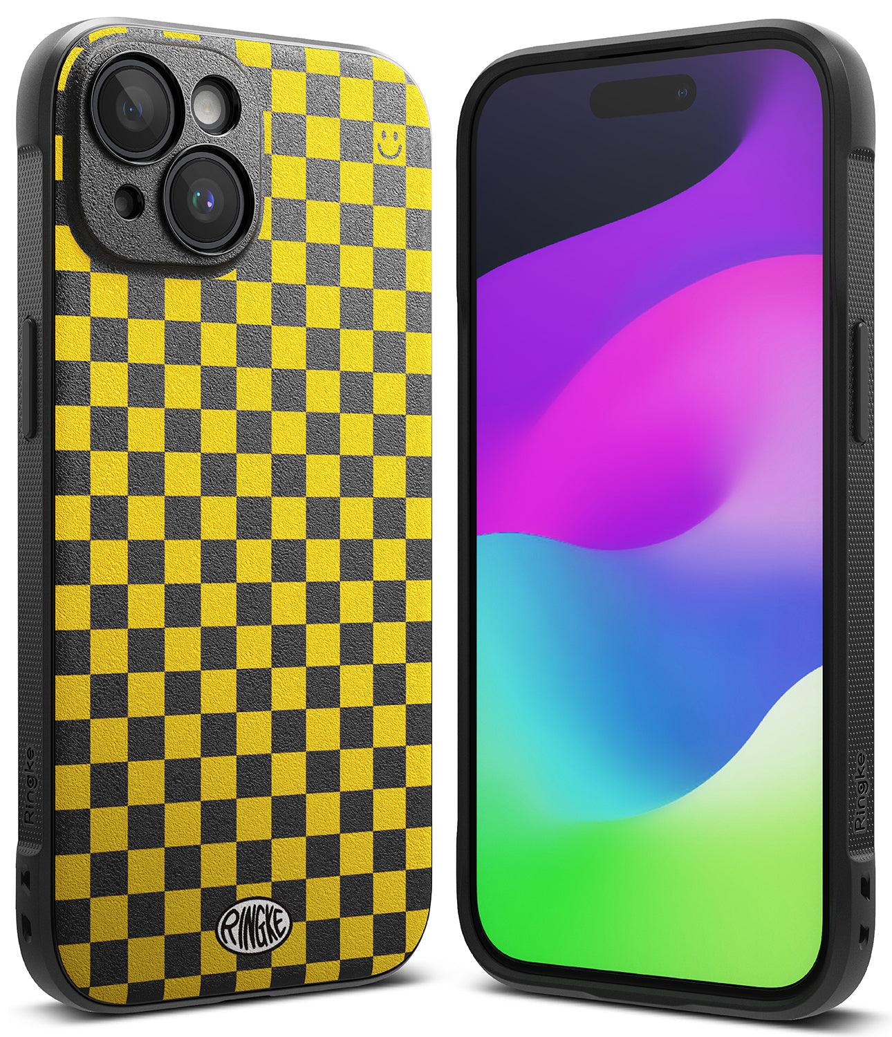 iPhone 15 Case | Onyx Design - Black and yellow checkerboard phone case with a smiley face icon and Ringke logo.