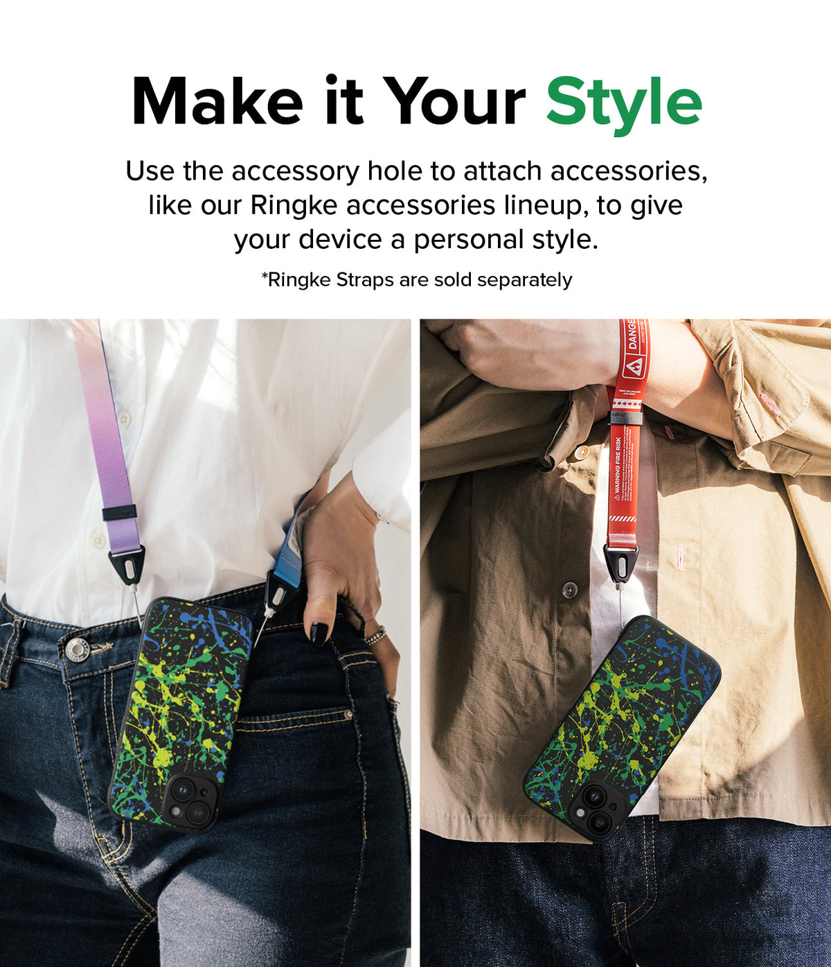 iPhone 15 Case | Onyx Design - Two people wearing phones with paint-splatter cases attached to colorful wrist and neck straps.