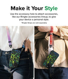 iPhone 15 Case | Onyx Design - Two people wearing phones with paint-splatter cases attached to colorful wrist and neck straps.