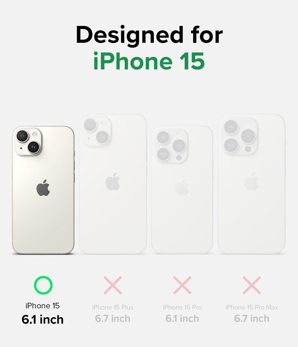 iPhone 15 Case | Onyx Design - Comparison chart showing iPhone 15 6.1-inch compatibility with green checkmark versus other models.