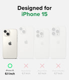 iPhone 15 Case | Onyx Design - Comparison chart showing iPhone 15 compatibility with a green checkmark versus other models.