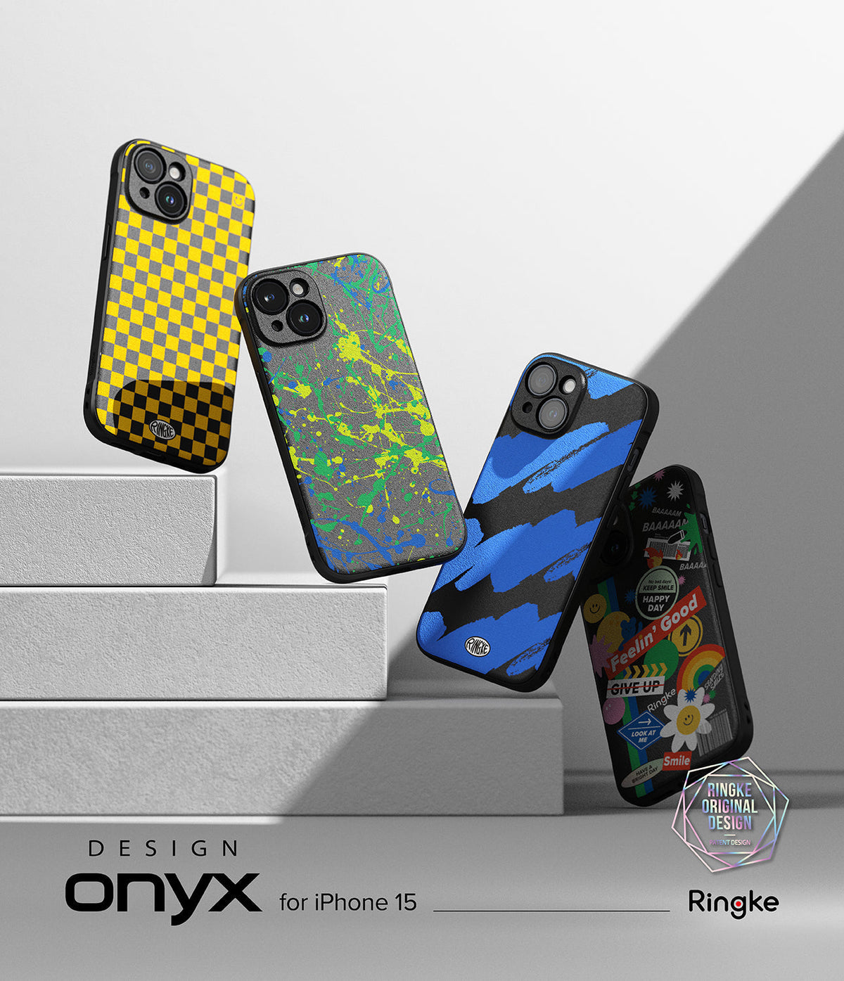 iPhone 15 Case | Onyx Design - Four iPhone 15 cases with checkered, paint splatter, blue brushstroke, and sticker patterns on white steps.
