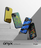 iPhone 15 Case | Onyx Design - Four iPhone 15 cases with checkered, paint splatter, blue brushstroke, and sticker patterns on steps.