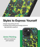 iPhone 15 Case | Onyx Design - Black phone case featuring vibrant yellow, green, and blue paint splatter art.
