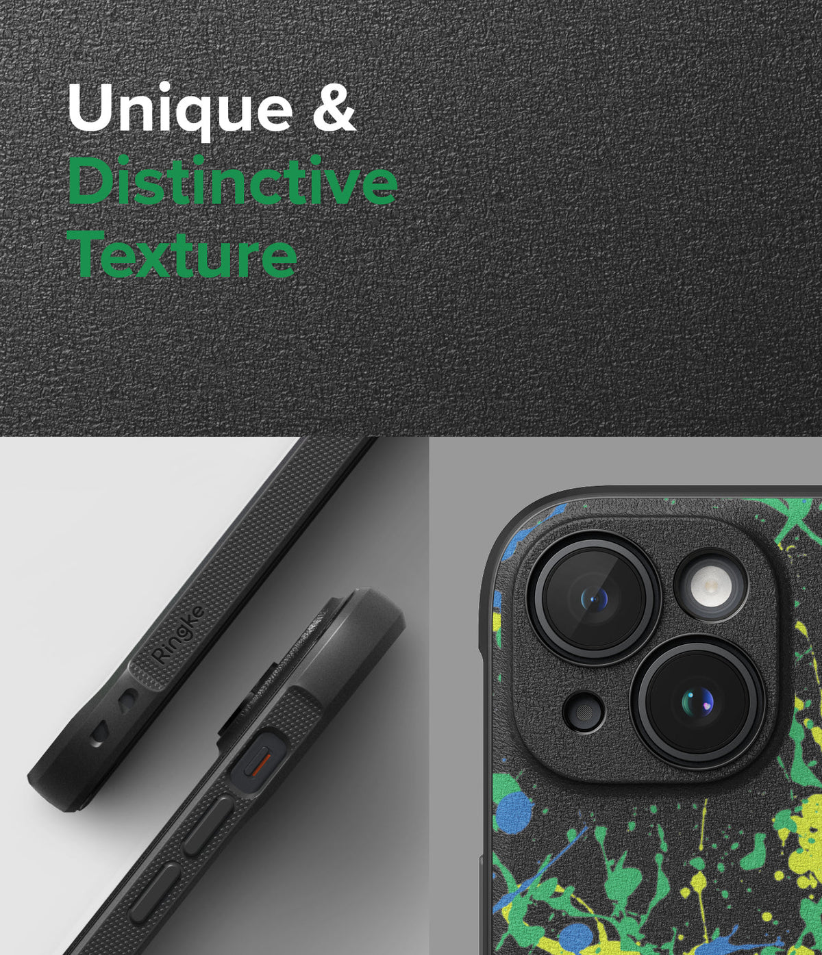 iPhone 15 Case | Onyx Design - Textured black phone case with green and blue paint splatters and Ringke branding.