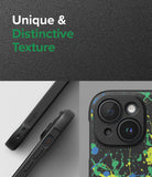 iPhone 15 Case | Onyx Design - Textured black phone case with green and blue paint splatters and Ringke branding.