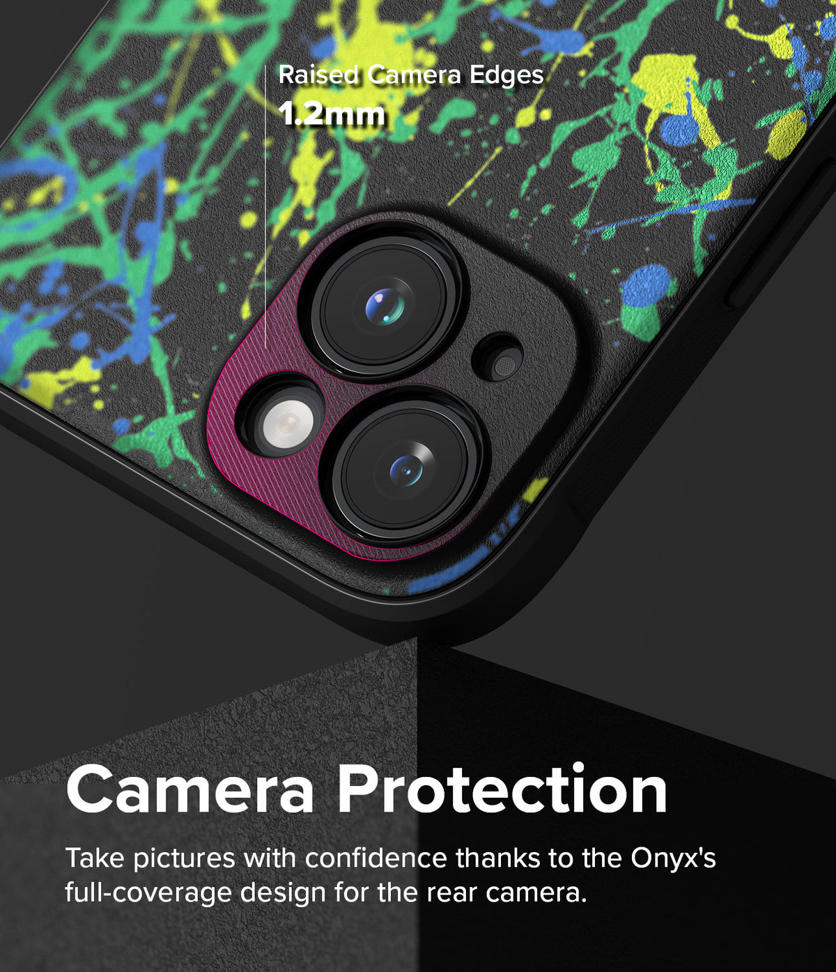 iPhone 15 Case | Onyx Design - Black phone case with neon paint splatter, highlighting 1.2mm raised camera protection edges.