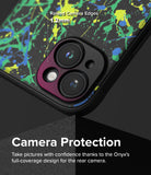 iPhone 15 Case | Onyx Design - Black phone case with neon paint splatter, highlighting 1.2mm raised camera protection edges.