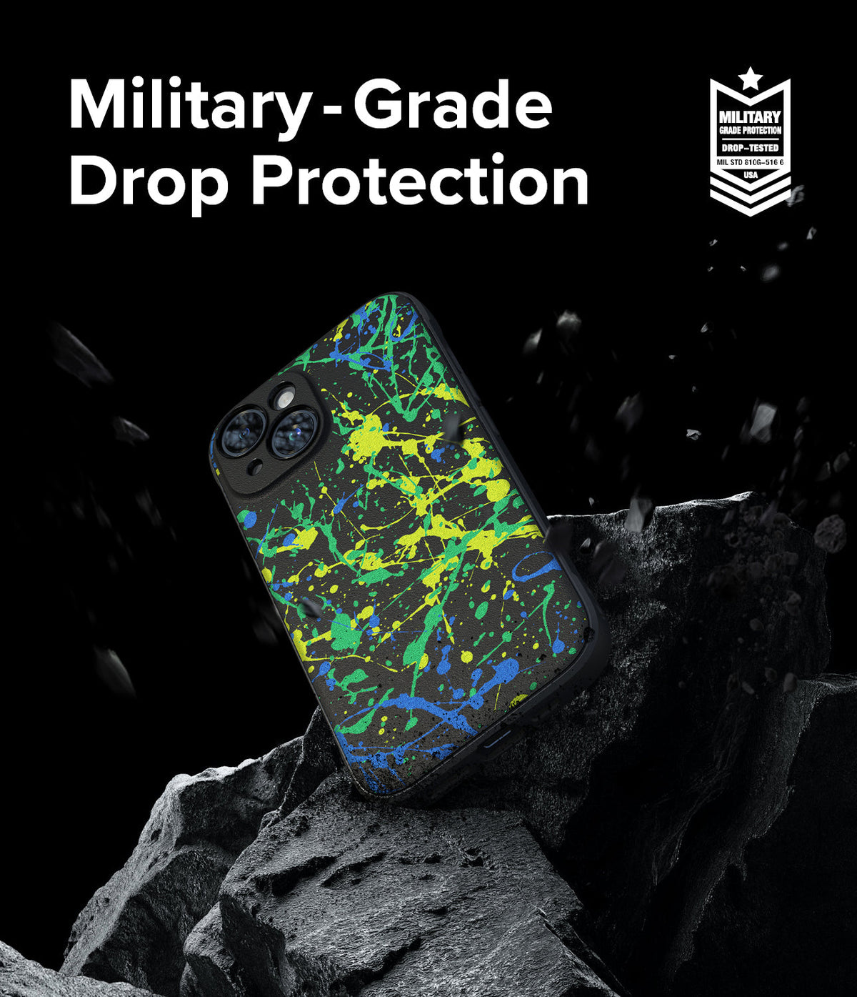 iPhone 15 Case | Onyx Design - Black phone case with neon paint splatter on a rock with military-grade protection text.