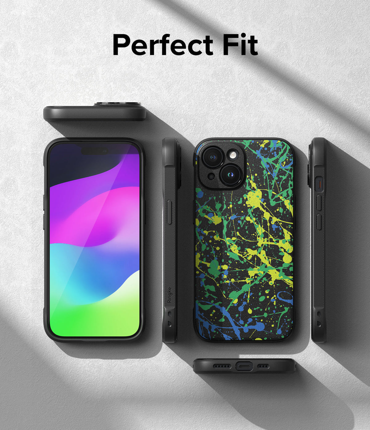 iPhone 15 Case | Onyx Design - Multiple views of a black phone case with a colorful paint-splatter pattern on a textured gray background.