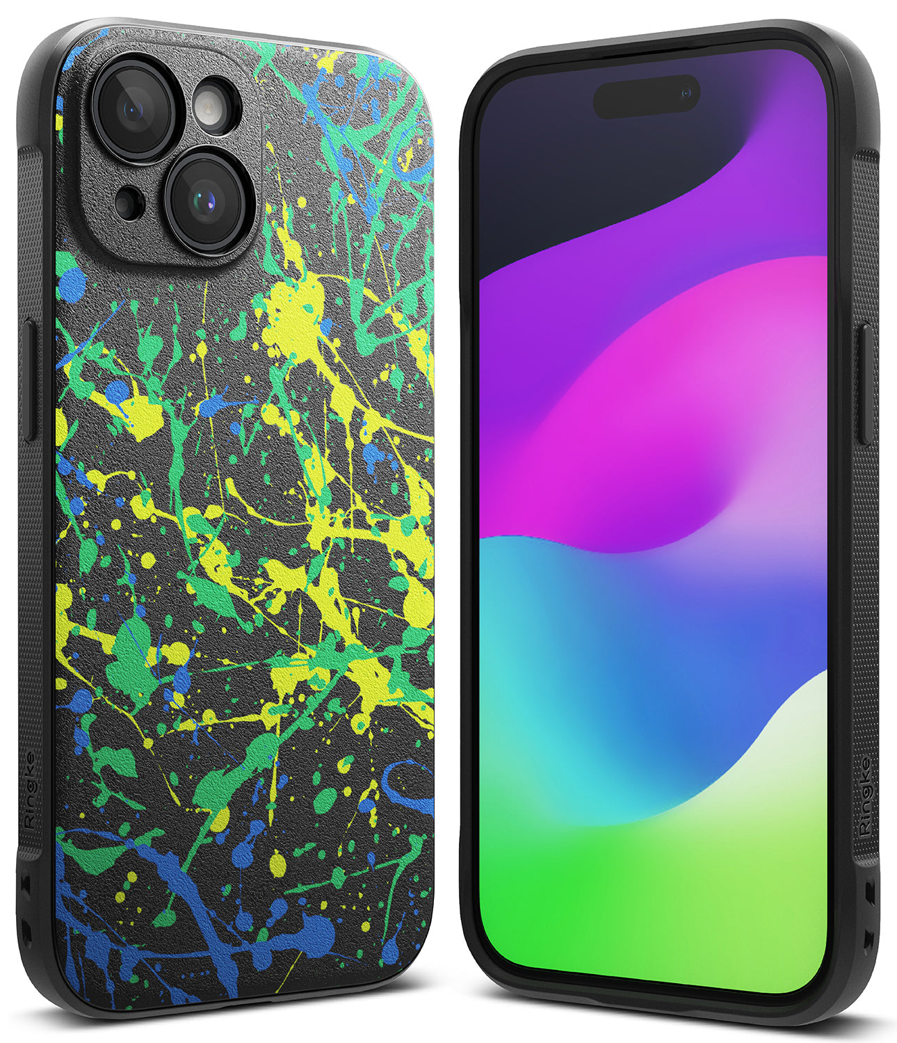 iPhone 15 Case | Onyx Design - Black phone case with neon yellow, green, and blue paint splatter pattern on the back.