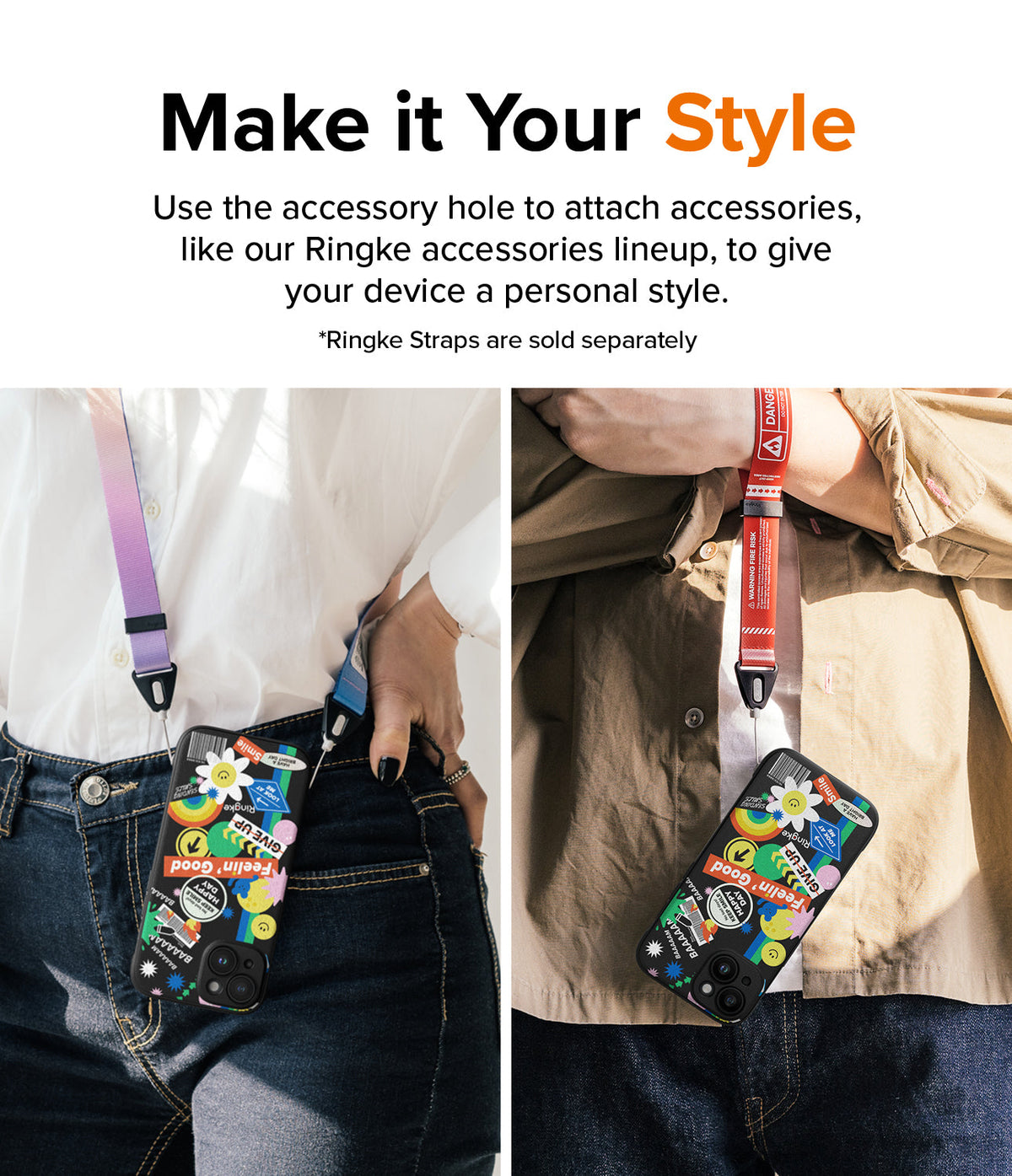 iPhone 15 Case | Onyx Design - Two people wearing sticker-covered phone cases attached to colorful neck and wrist straps.