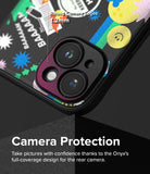 iPhone 15 Case | Onyx Design - Close-up of a patterned phone case highlighting a 1.2mm raised camera bezel for lens protection.