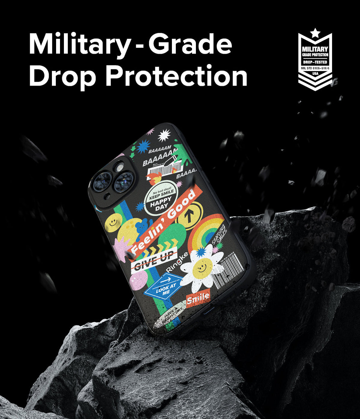 iPhone 15 Case | Onyx Design - Black phone case with colorful stickers on a rock, featuring military-grade drop protection text.