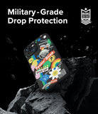 iPhone 15 Case | Onyx Design - Black phone case with colorful stickers on a rock, featuring military-grade drop protection text.