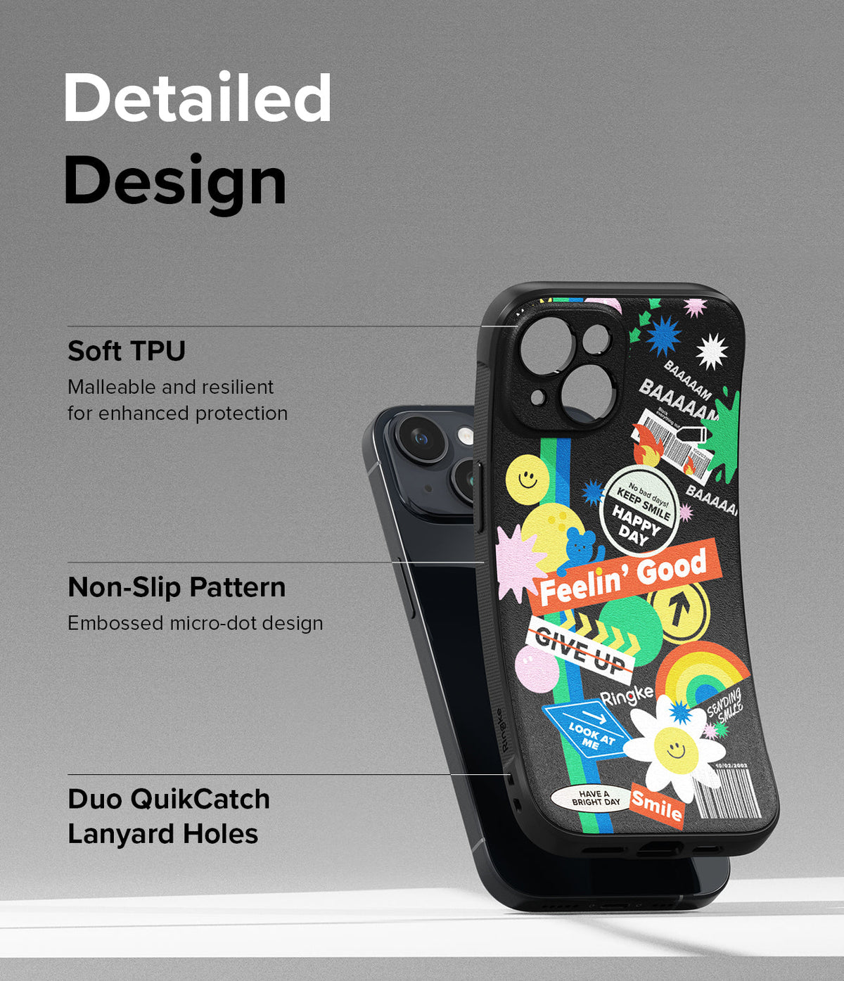 iPhone 15 Case | Onyx Design - Black phone case with colorful sticker-style graphics, highlighting TPU material and lanyard holes.