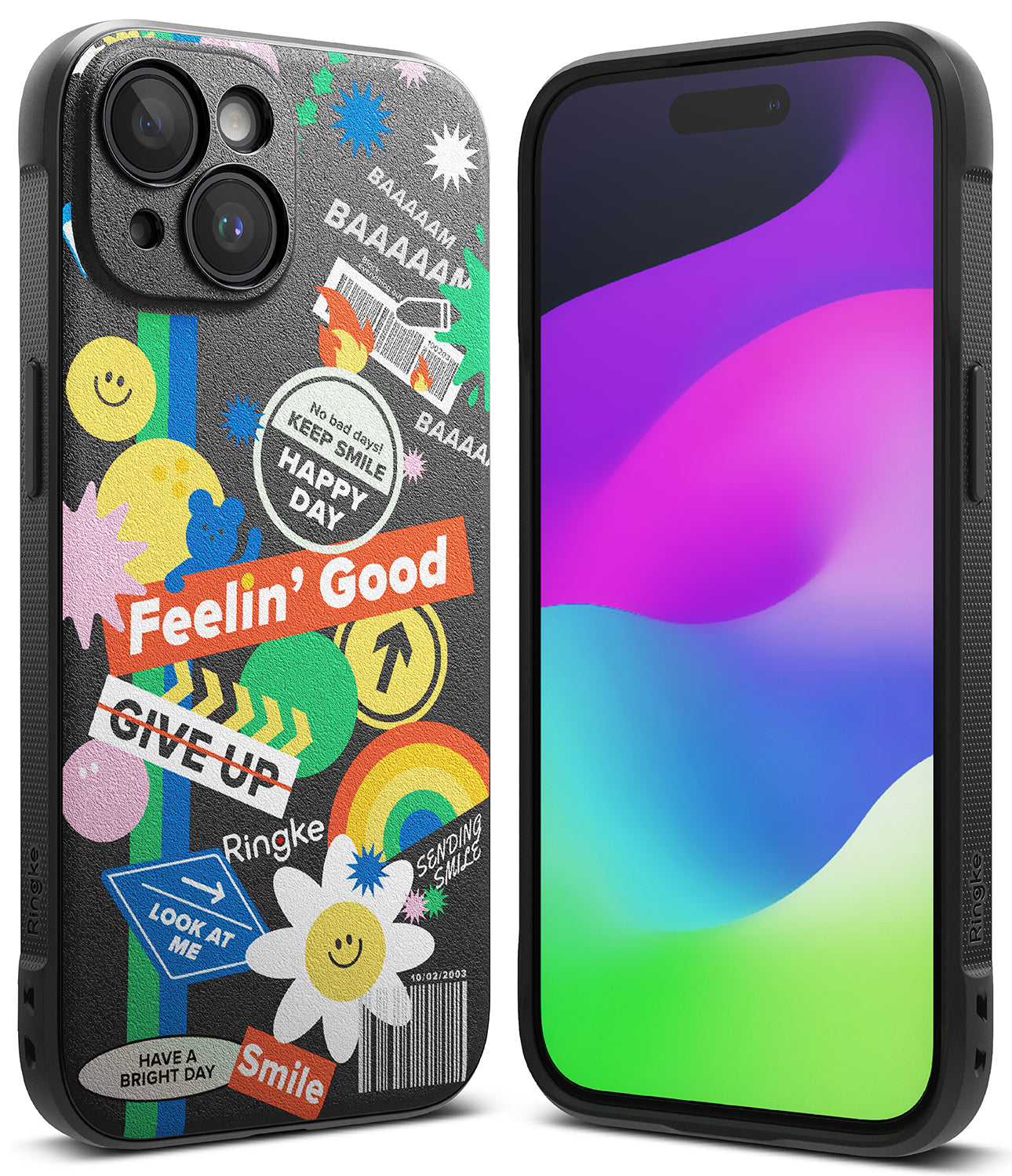 iPhone 15 Case | Onyx Design - Black phone case covered in colorful, playful stickers including a rainbow, smiley face, and text.