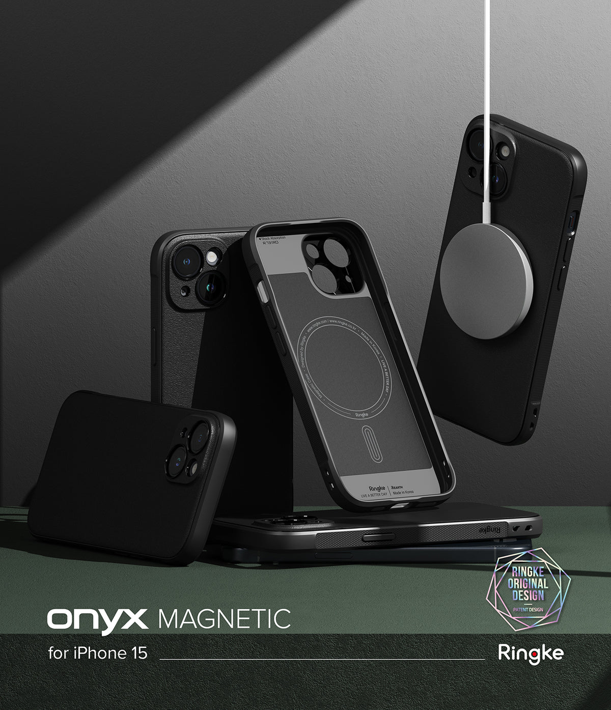 iPhone 15 Case | Onyx Magnetic - Black iPhone 15 cases with magnetic charging rings displayed on a dark surface.