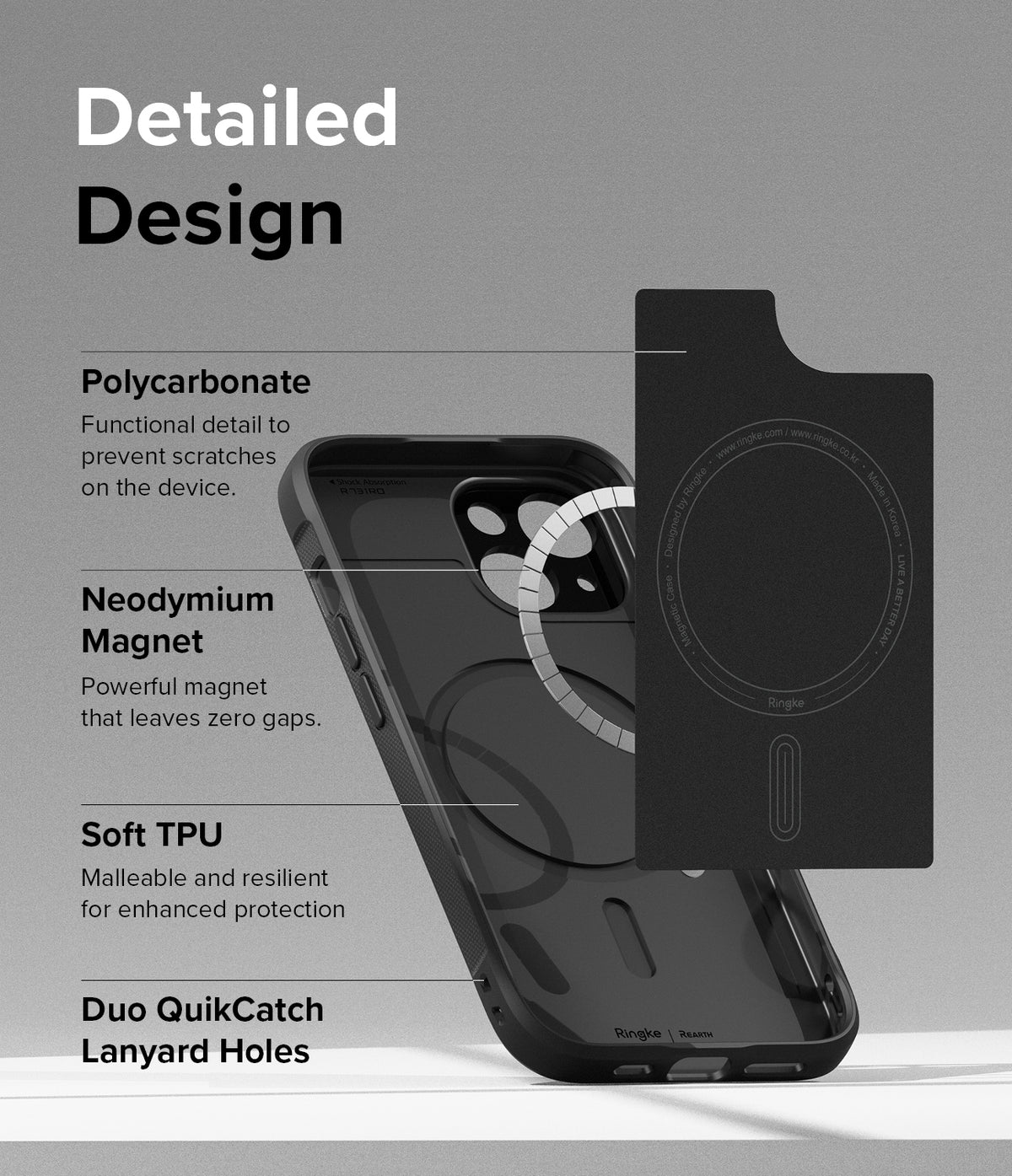 iPhone 15 Case | Onyx Magnetic - Diagram showing polycarbonate, magnet, TPU, and lanyard hole features of a black phone case.
