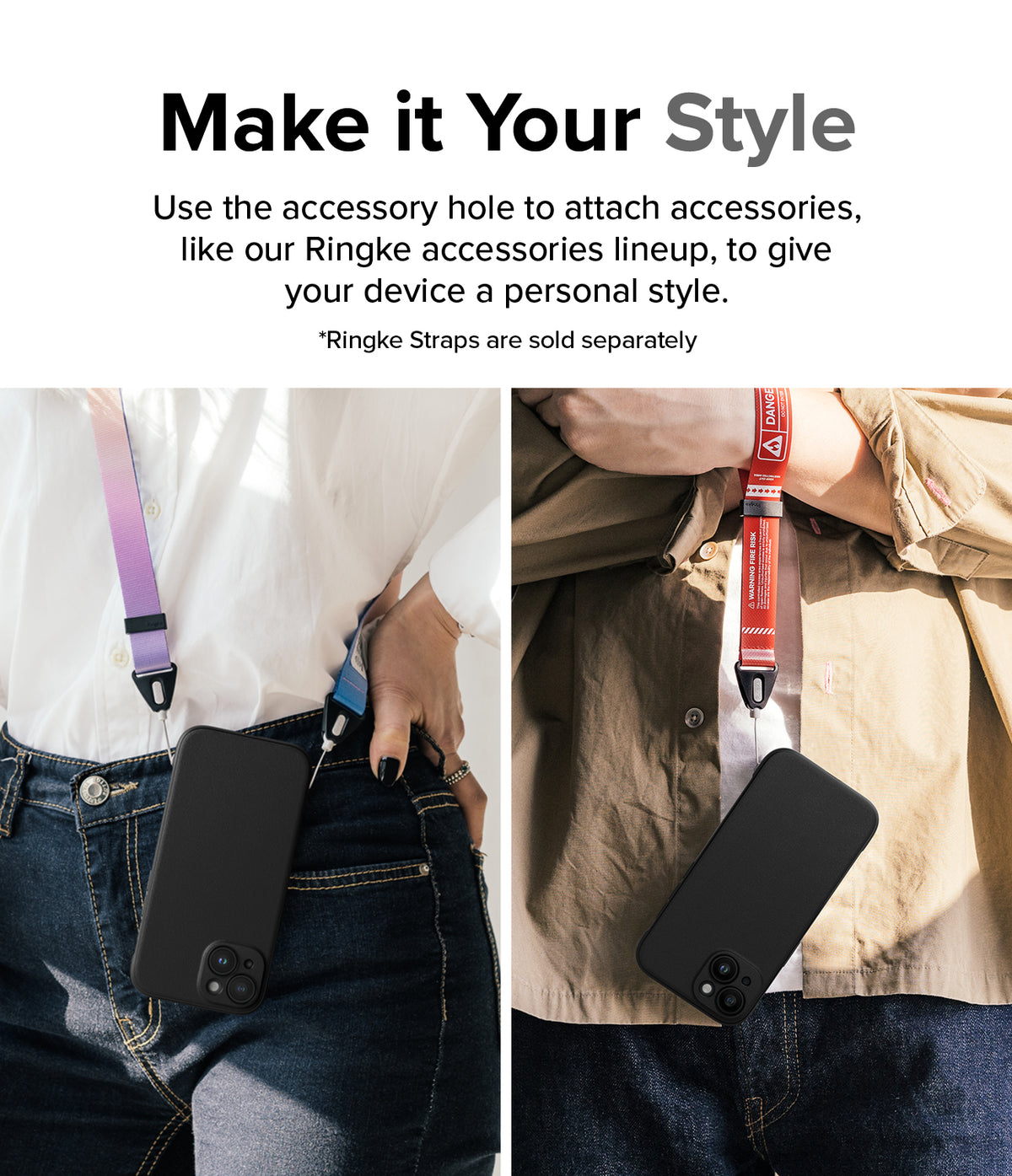 iPhone 15 Case | Onyx Magnetic - Two people wearing black phone cases attached to colorful lanyards around their necks or waists.