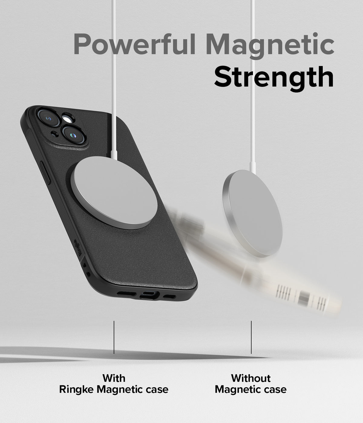 iPhone 15 Case | Onyx Magnetic - A black phone case magnetically attached to a charger while another charger falls away.