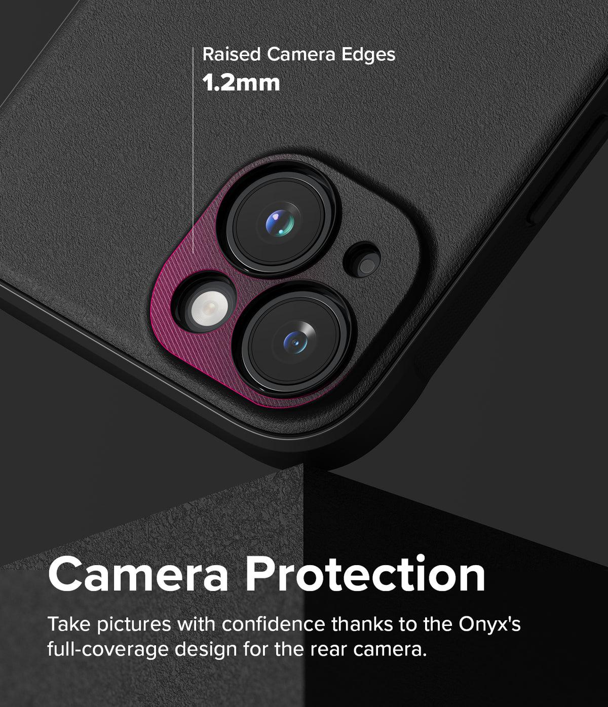 iPhone 15 Case | Onyx Magnetic - Close-up of black phone case showing 1.2mm raised camera edges with purple metallic trim.