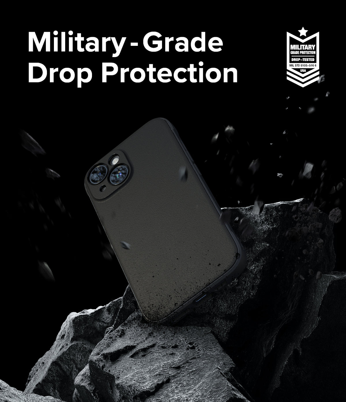 iPhone 15 Case | Onyx Magnetic - Black phone case floating above jagged rocks with text highlighting military-grade drop protection.