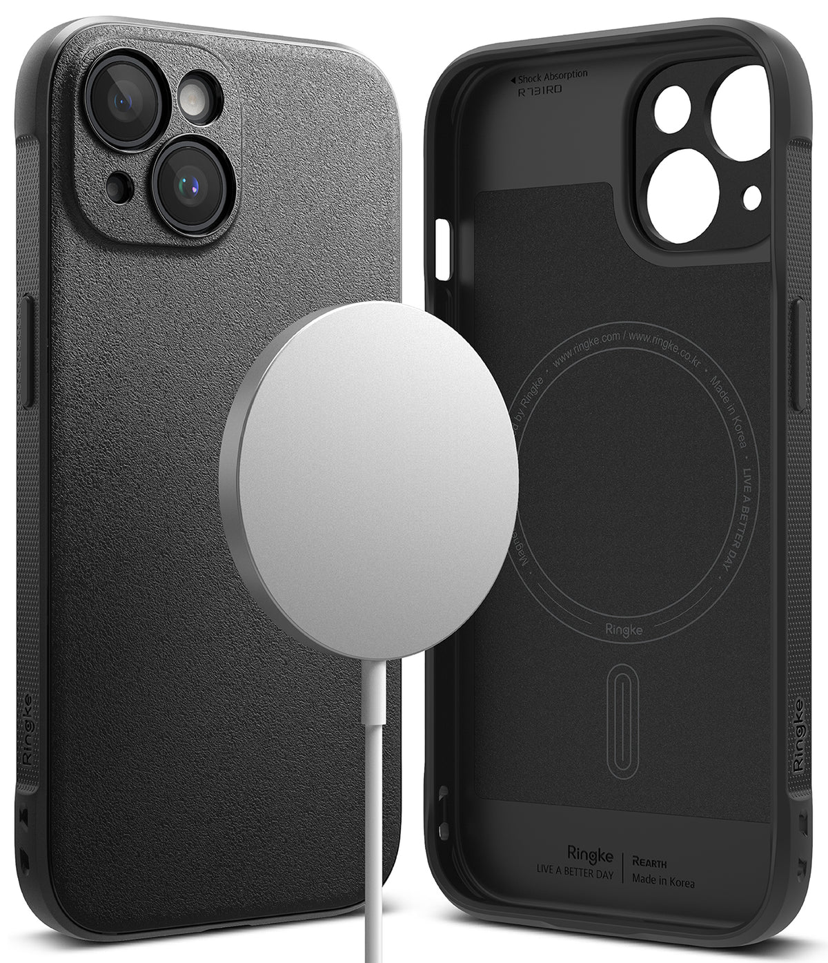 iPhone 15 Case | Onyx Magnetic - Black textured iPhone 15 case shown from front and back with a magnetic charger.