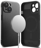 iPhone 15 Case | Onyx Magnetic - Black textured iPhone 15 case shown from front and back with a magnetic charger.