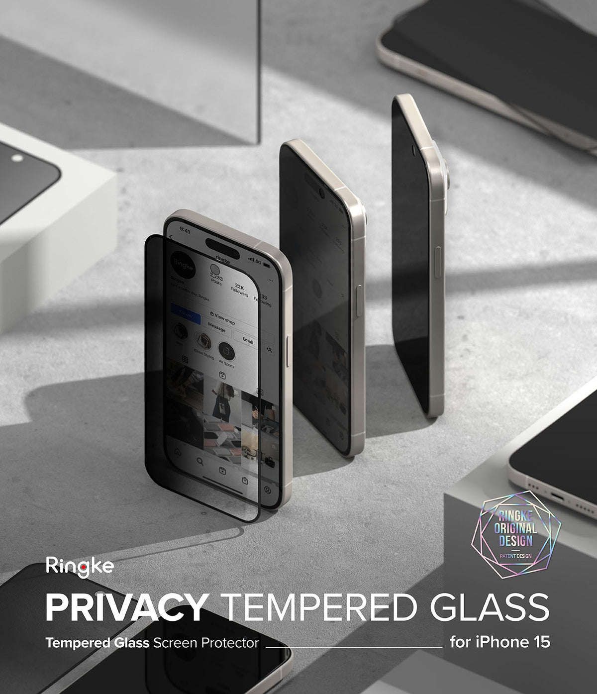 iPhone 15 Screen Protector | Privacy Glass - Three iPhones showing privacy screen filter effect from different angles.