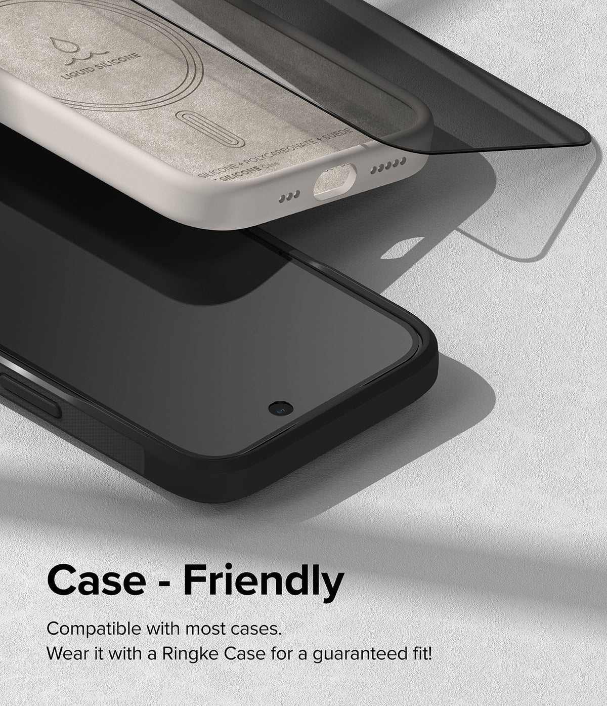 iPhone 15 Screen Protector | Privacy Glass - Privacy screen protector hovering above a smartphone inside a case.