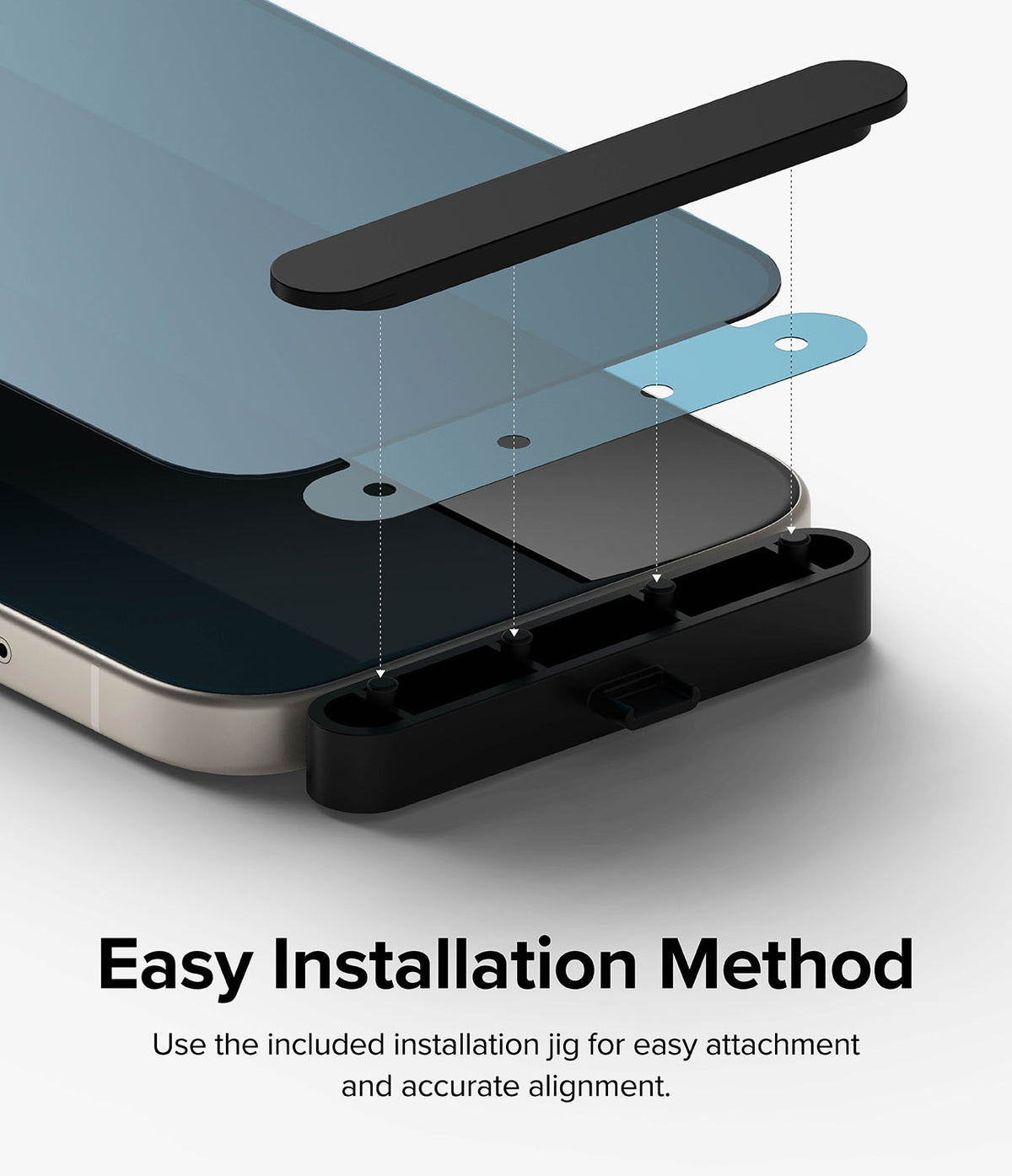 iPhone 15 Screen Protector | Privacy Glass - Exploded view of a privacy screen protector aligning with an iPhone using an installation jig.