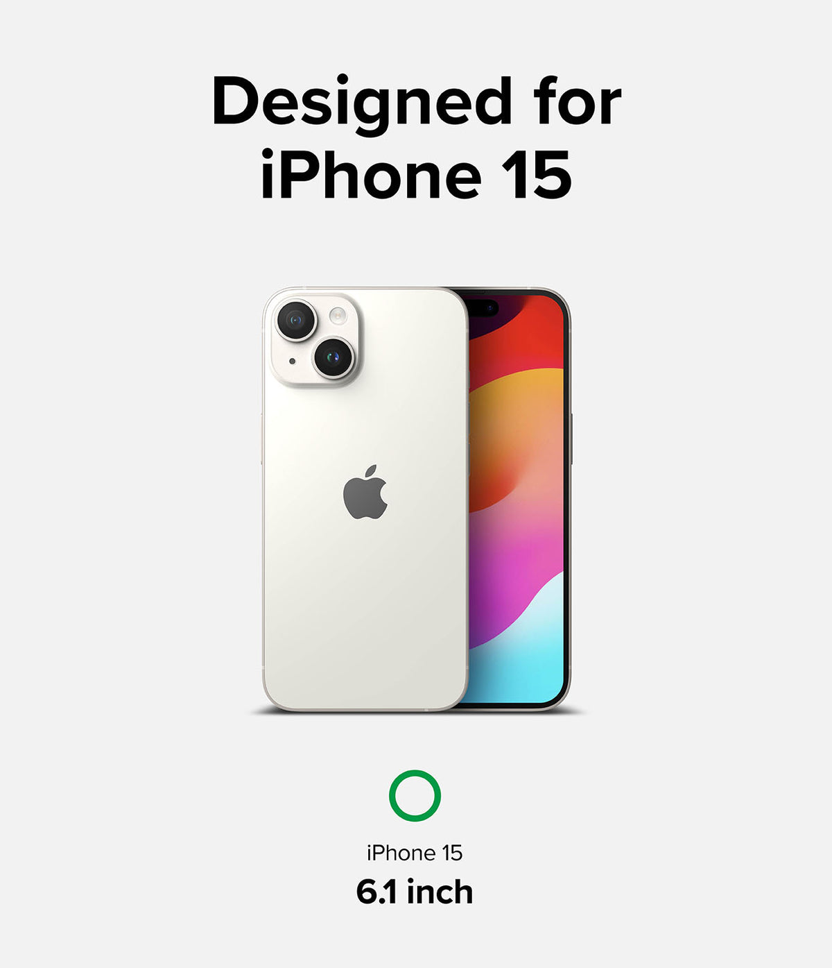 iPhone 15 Screen Protector | Privacy Glass - White iPhone 15 showing back and front display with 6.1 inch label.