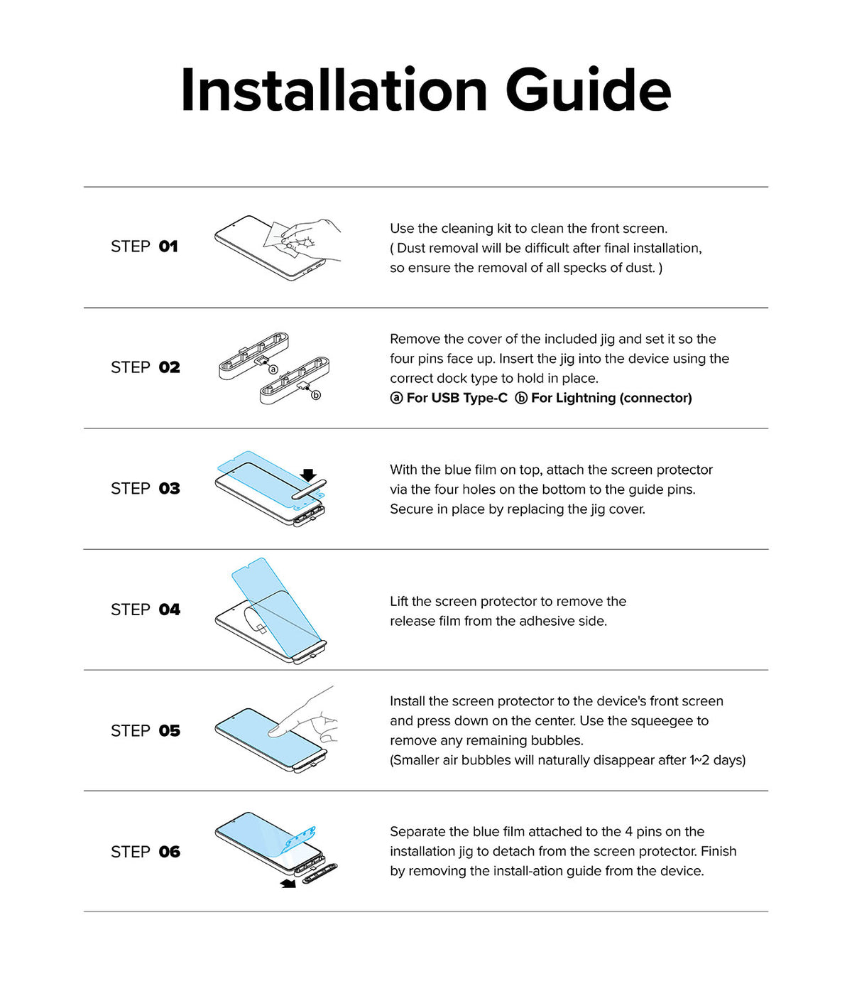iPhone 15 Screen Protector | Privacy Glass - Six-step illustrated guide for installing a screen protector using a jig.