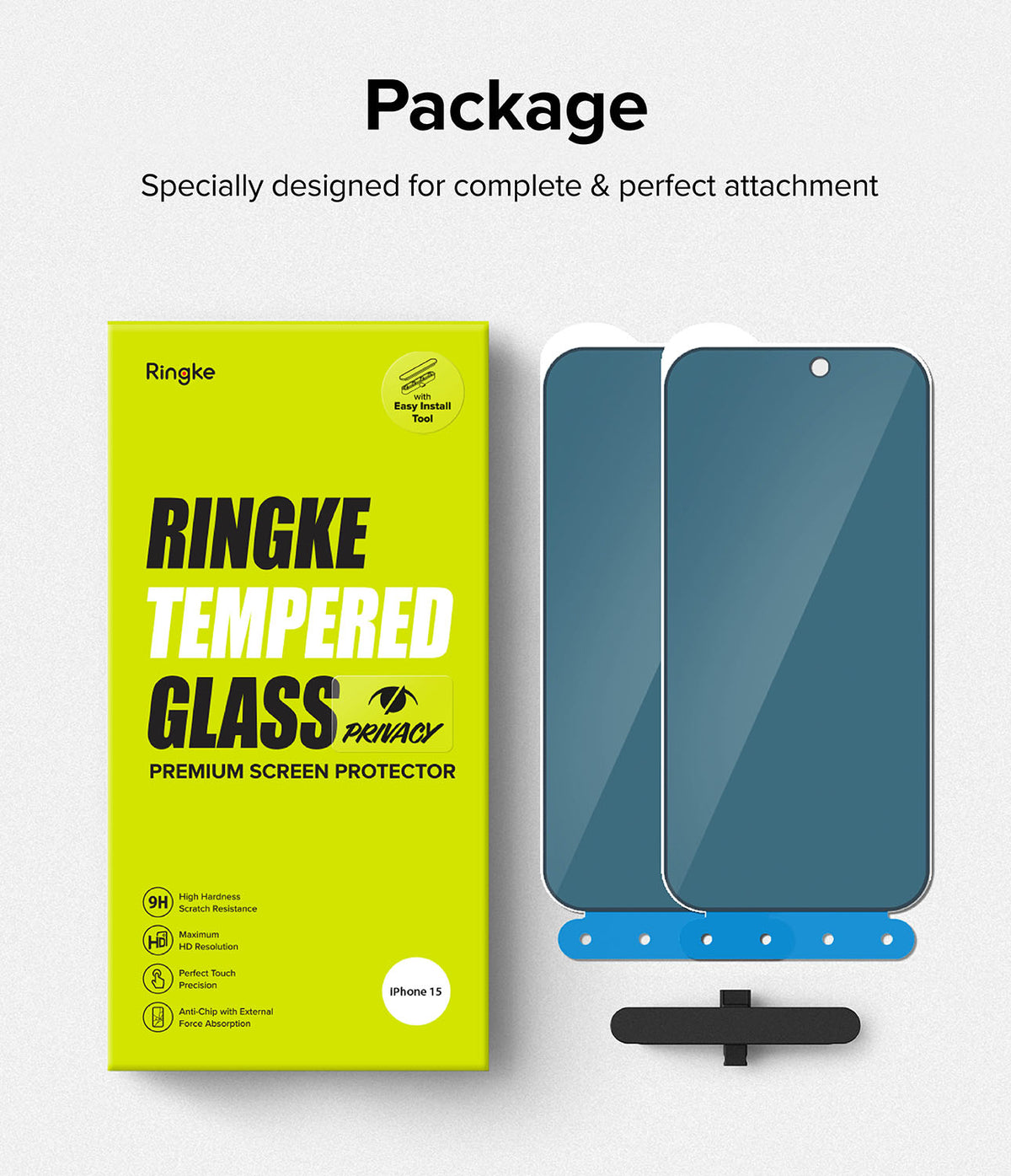 iPhone 15 Screen Protector | Privacy Glass - Ringke privacy screen protector packaging with two glass sheets and installation tool.