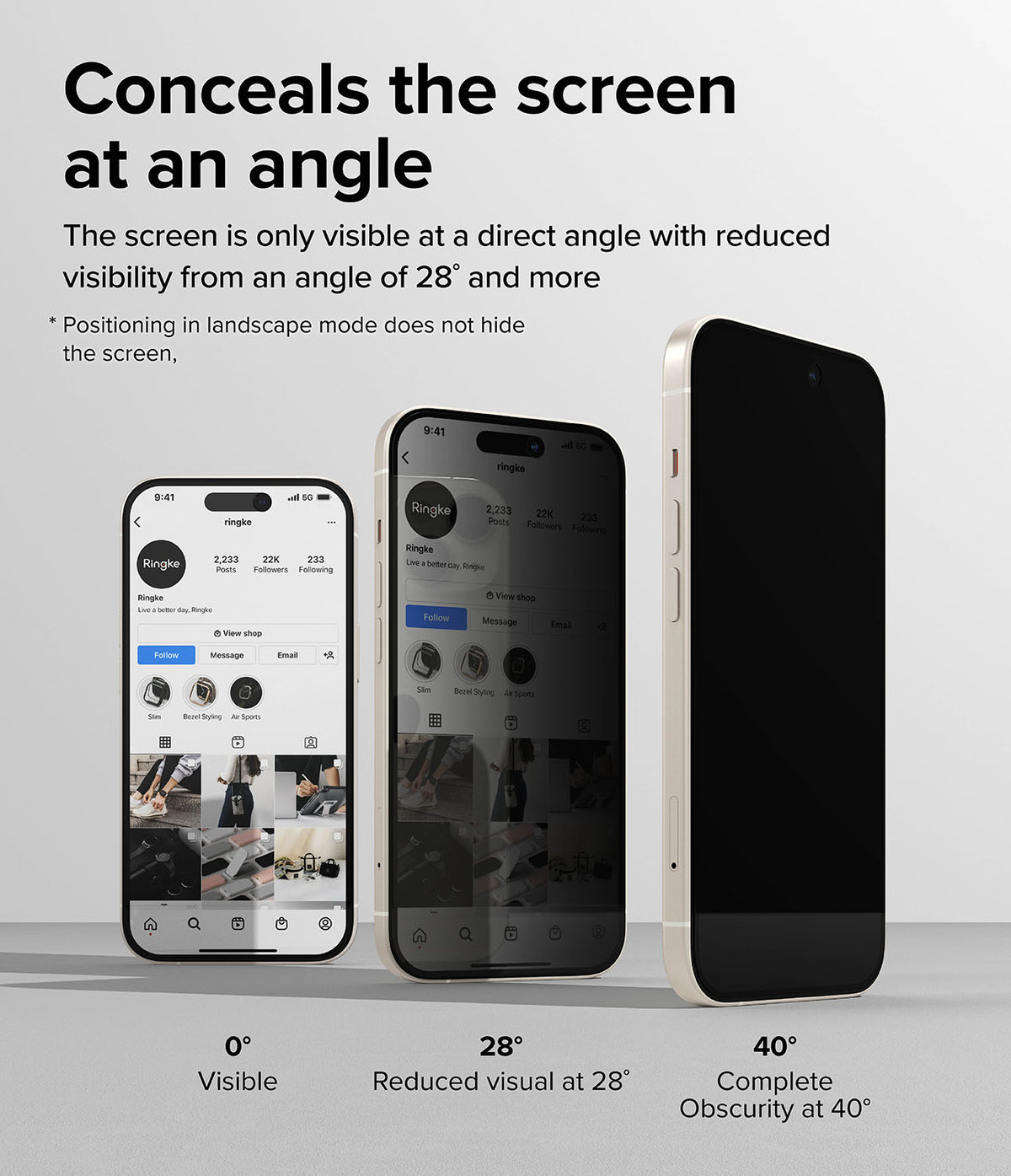 iPhone 15 Screen Protector | Privacy Glass - iPhone 15 Privacy Glass - Three phones showing screen visibility decreasing from clear at 0° to blacked out at 40°.